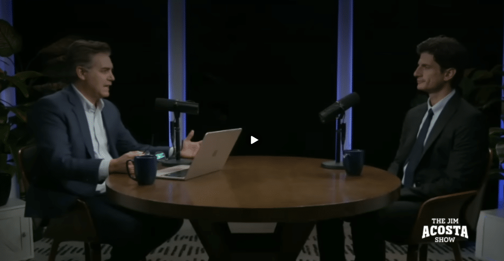 Jim Acosta interviews Jack (Kennedy) Schlossberg & Jen Welch from I've had it Podcast - LIVE FROM NEW YORK. round table at ASL Studios, with microphones, mugs, and a laptop, appearing to record a podcast or interview on 